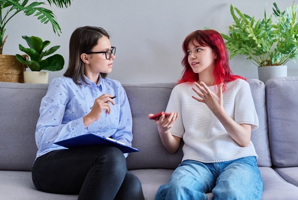 Care assessment consultation between social care practitioner and young client on couch